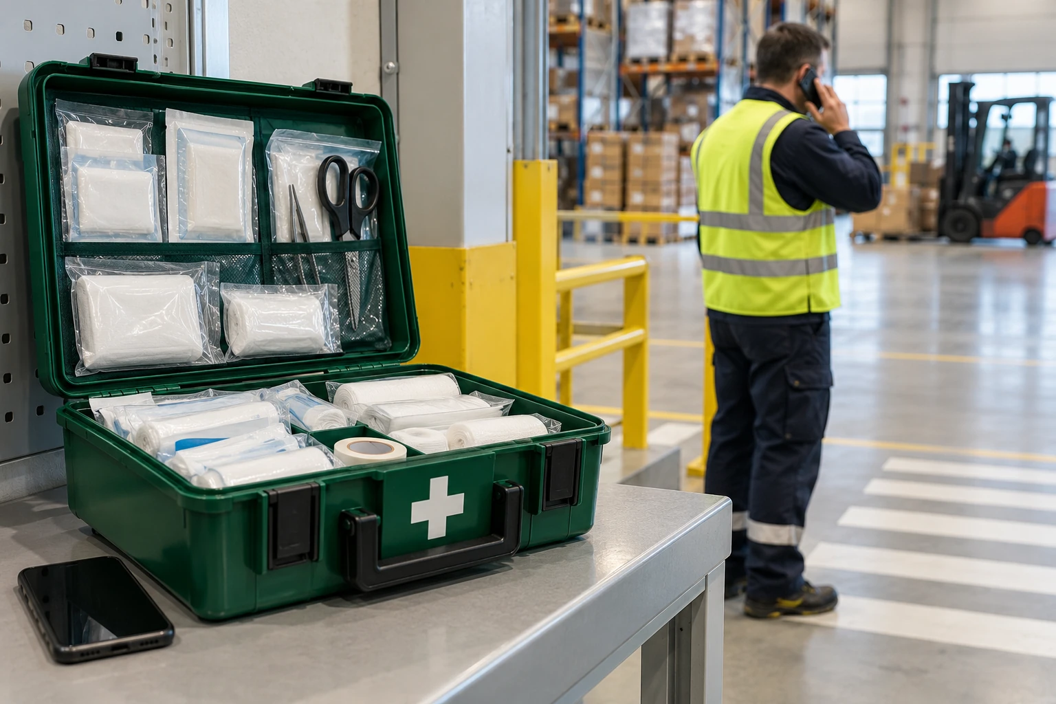 Erste-Hilfe-Koffer und Mitarbeiter mit Telefon im geschützten Bereich.