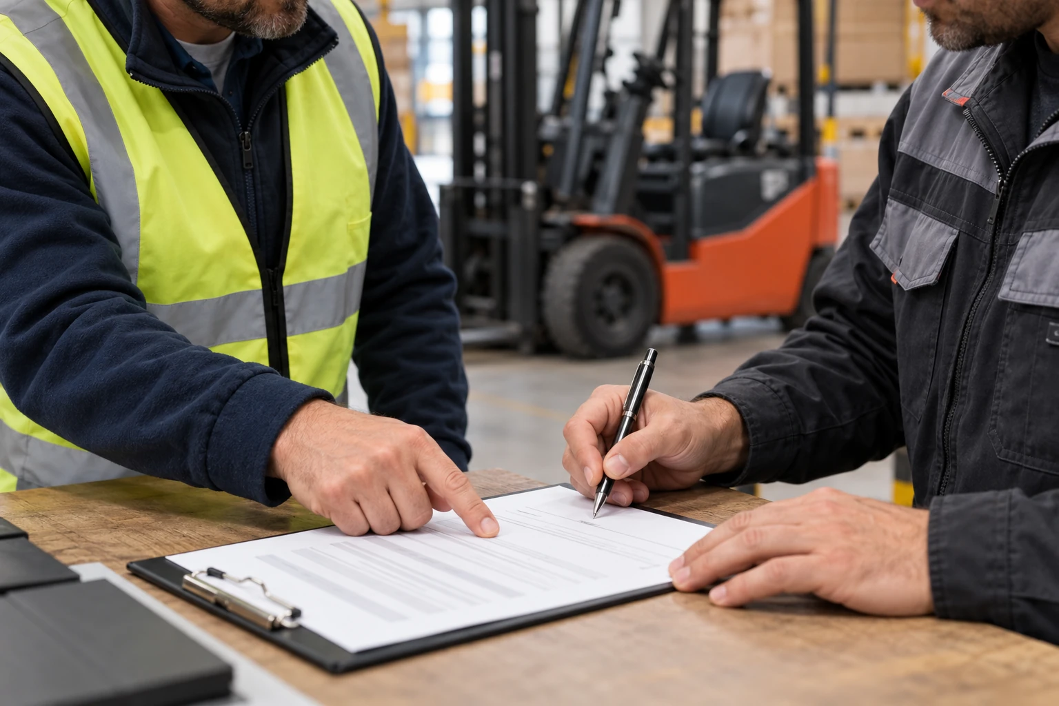 Zwei Mitarbeiter besprechen ein Schriftstück am Arbeitsplatz.