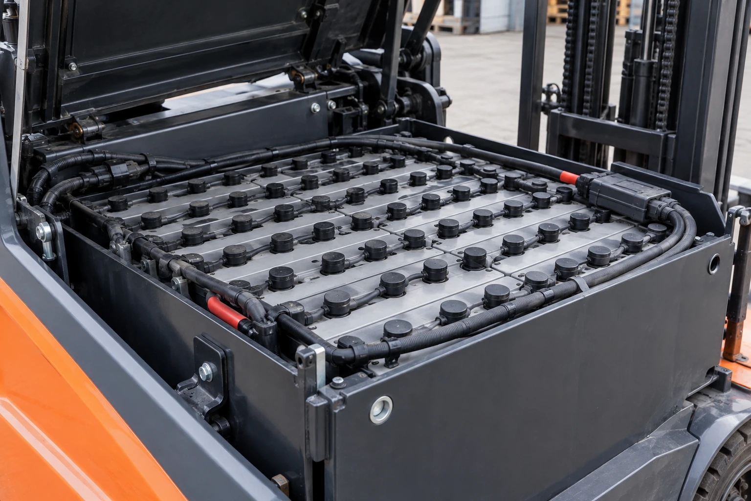 Industrieller Traktionsbatteriesatz im geöffneten Batteriefach eines abgestellten Staplers.