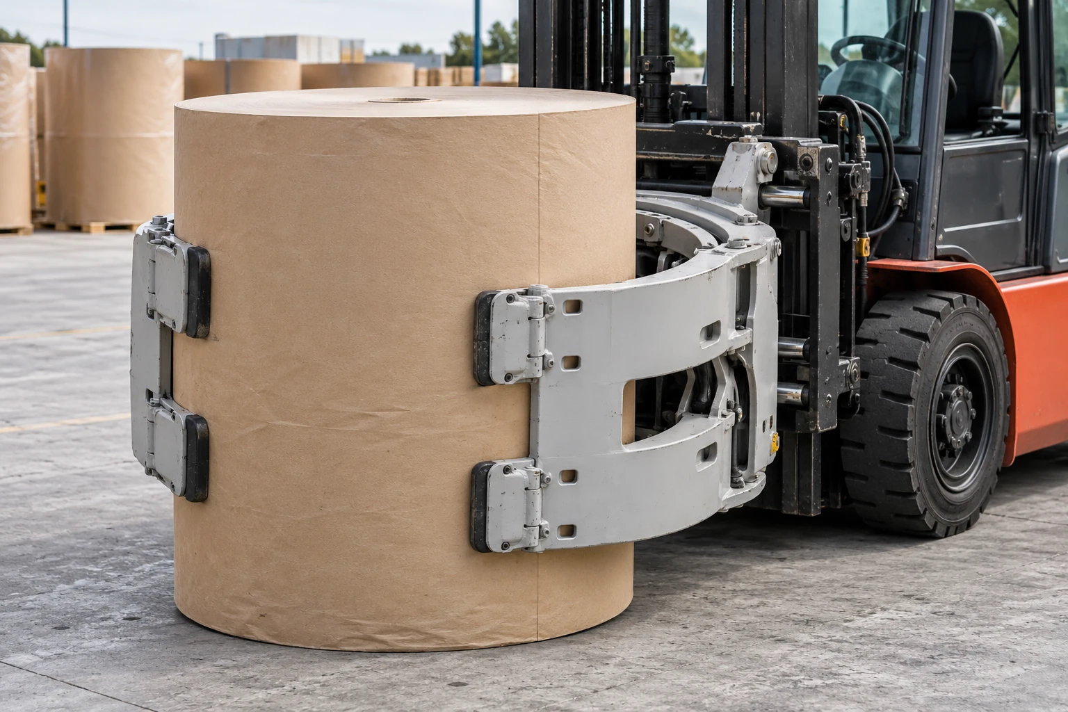 Papierrollenklammer mit hydraulischen Greifarmen an einer Papierrolle.
