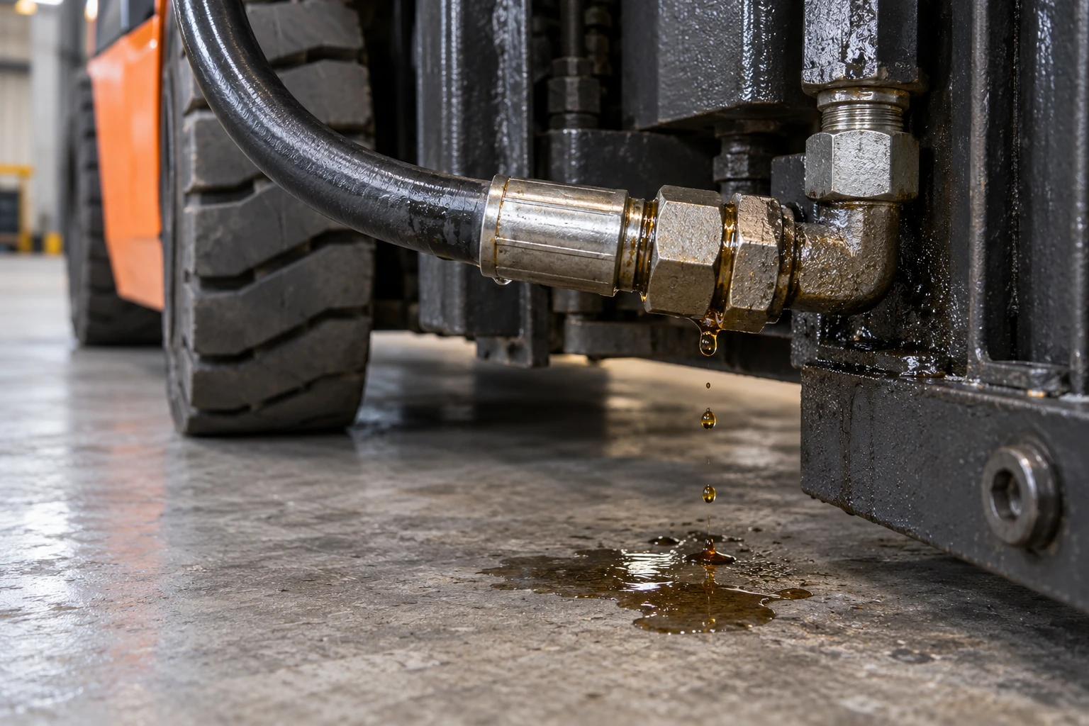 Ölspuren und Tropfen an einer Hydraulikverschraubung über einer frischen Ölstelle.