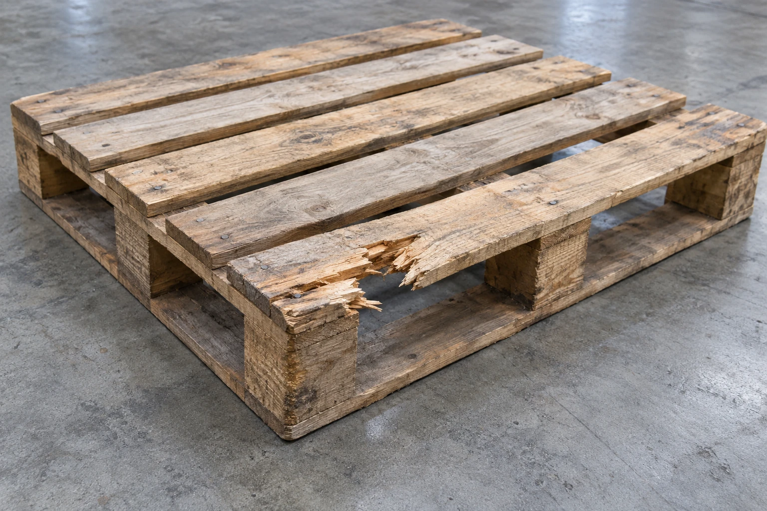 Holzpalette mit sichtbar gesplittertem und gebrochenem Deckbrett.