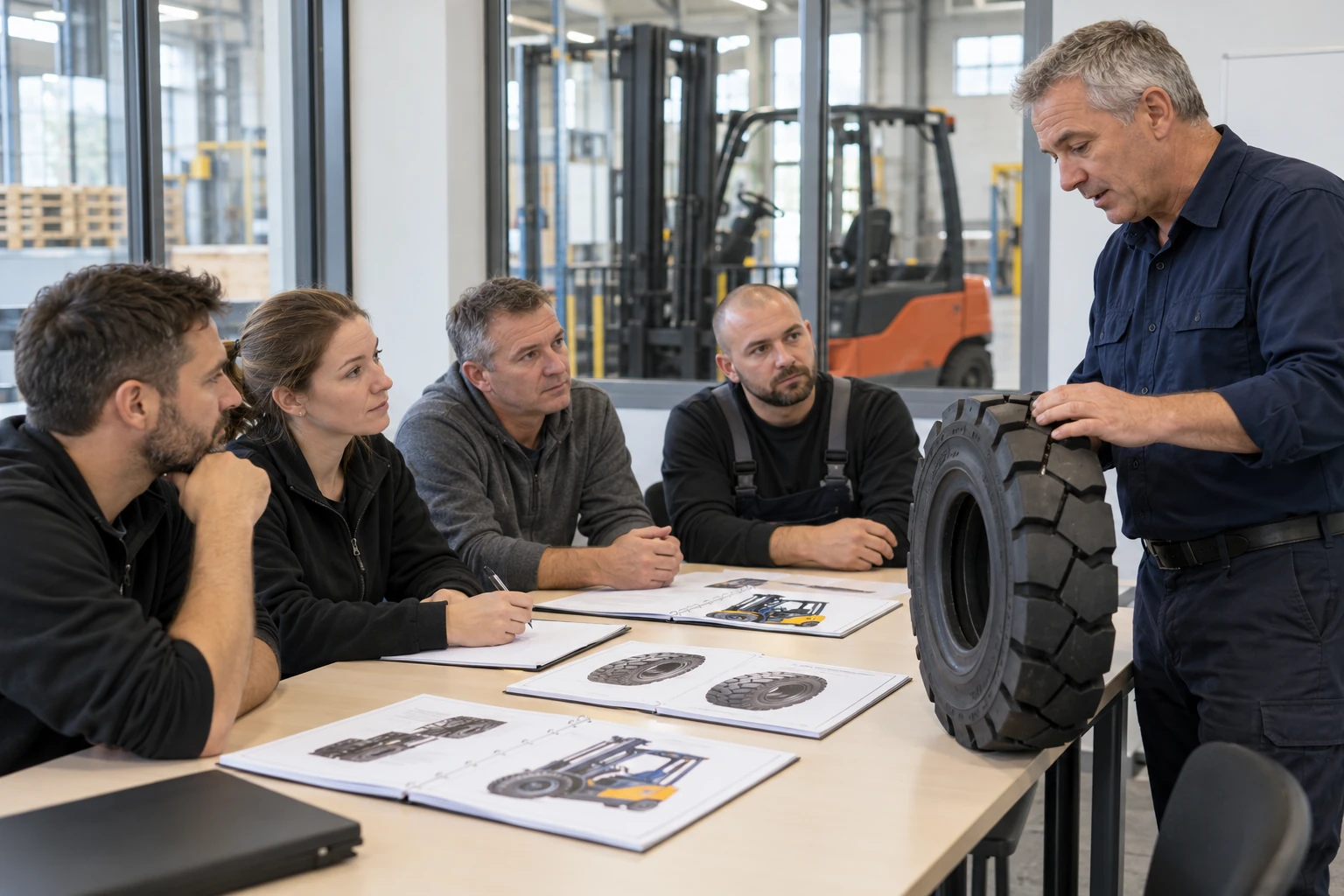 Erwachsene Teilnehmer besprechen Staplertechnik im Schulungsraum.