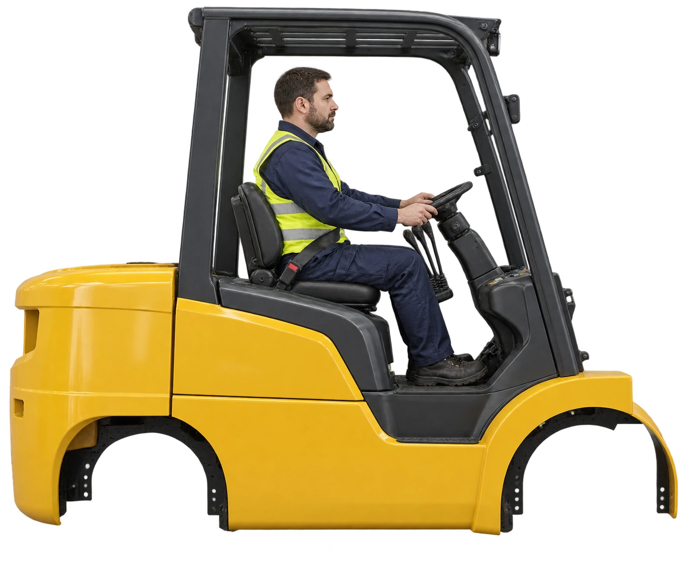 Stapler mit angeschnalltem Fahrer, Seite
